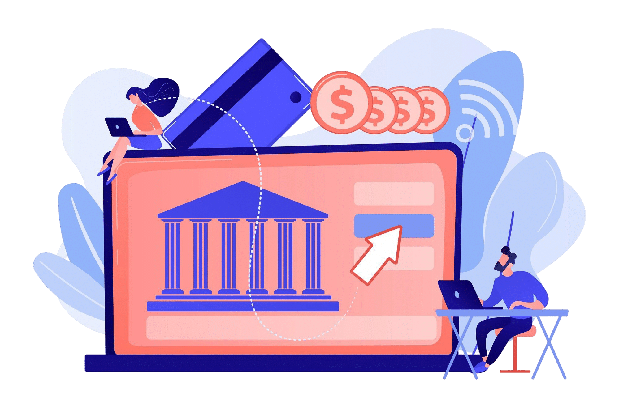 tiny people with laptop financial digital transformation open banking platform online banking system finance digital transformation concept illustration